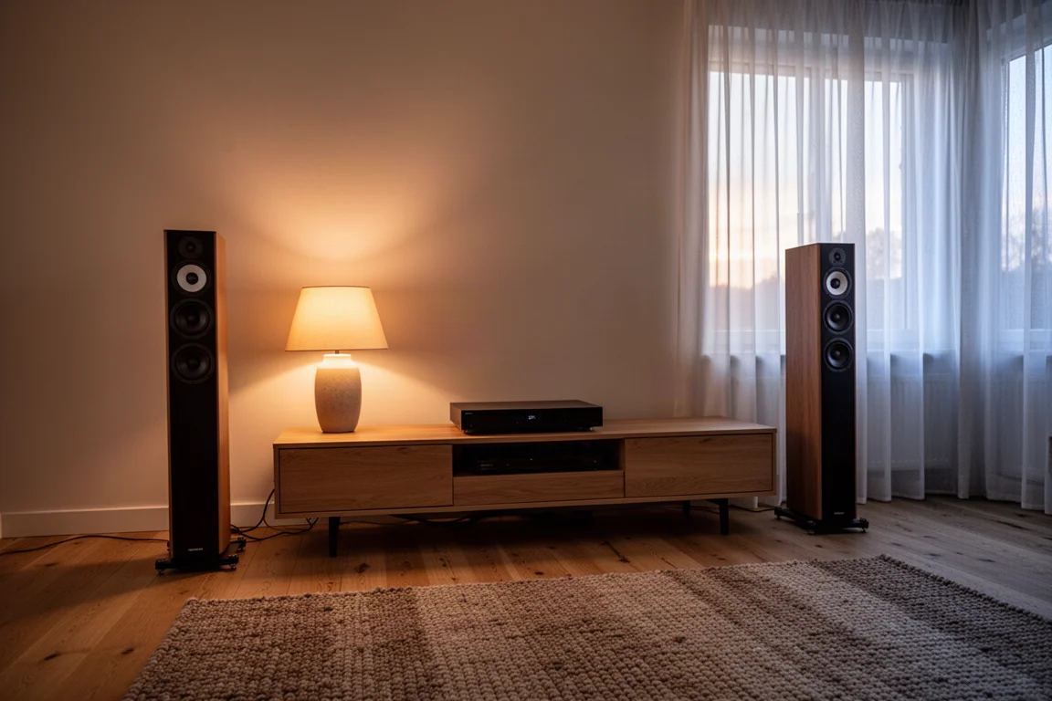 Living room at dusk with two slim tower speakers flanking a media console