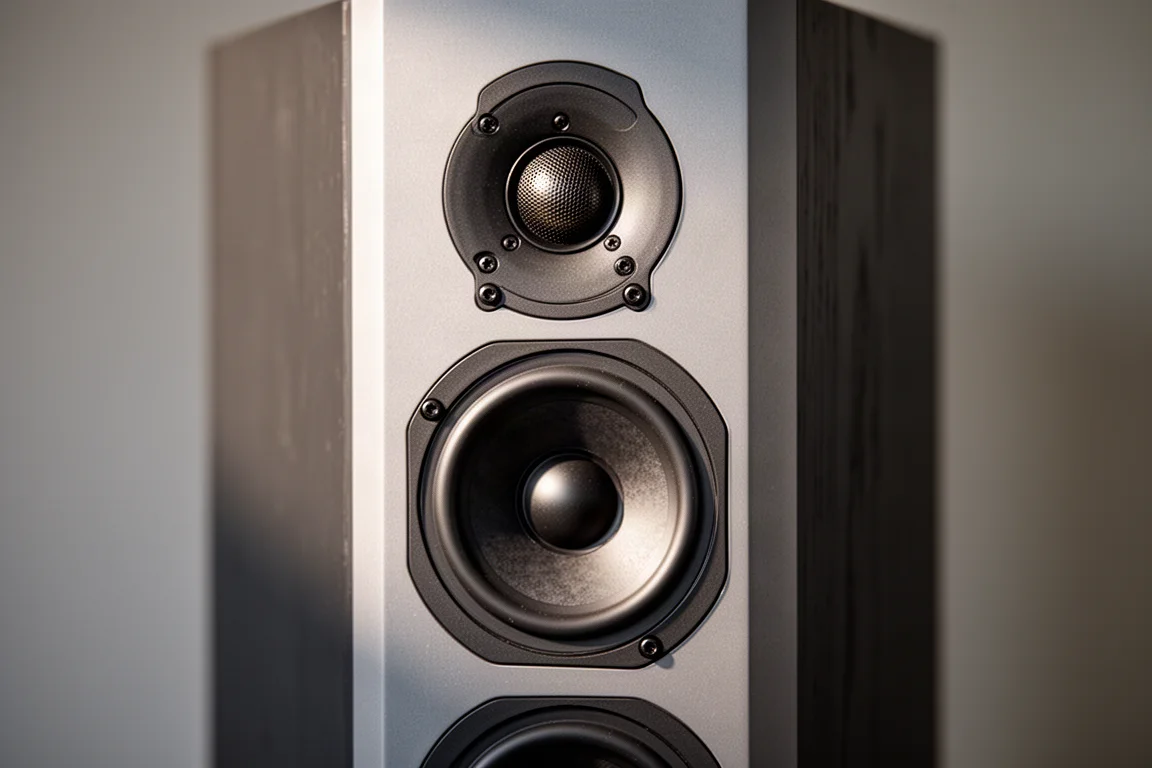 Close detail of a floorstanding speaker baffle with tweeter and midwoofer cones