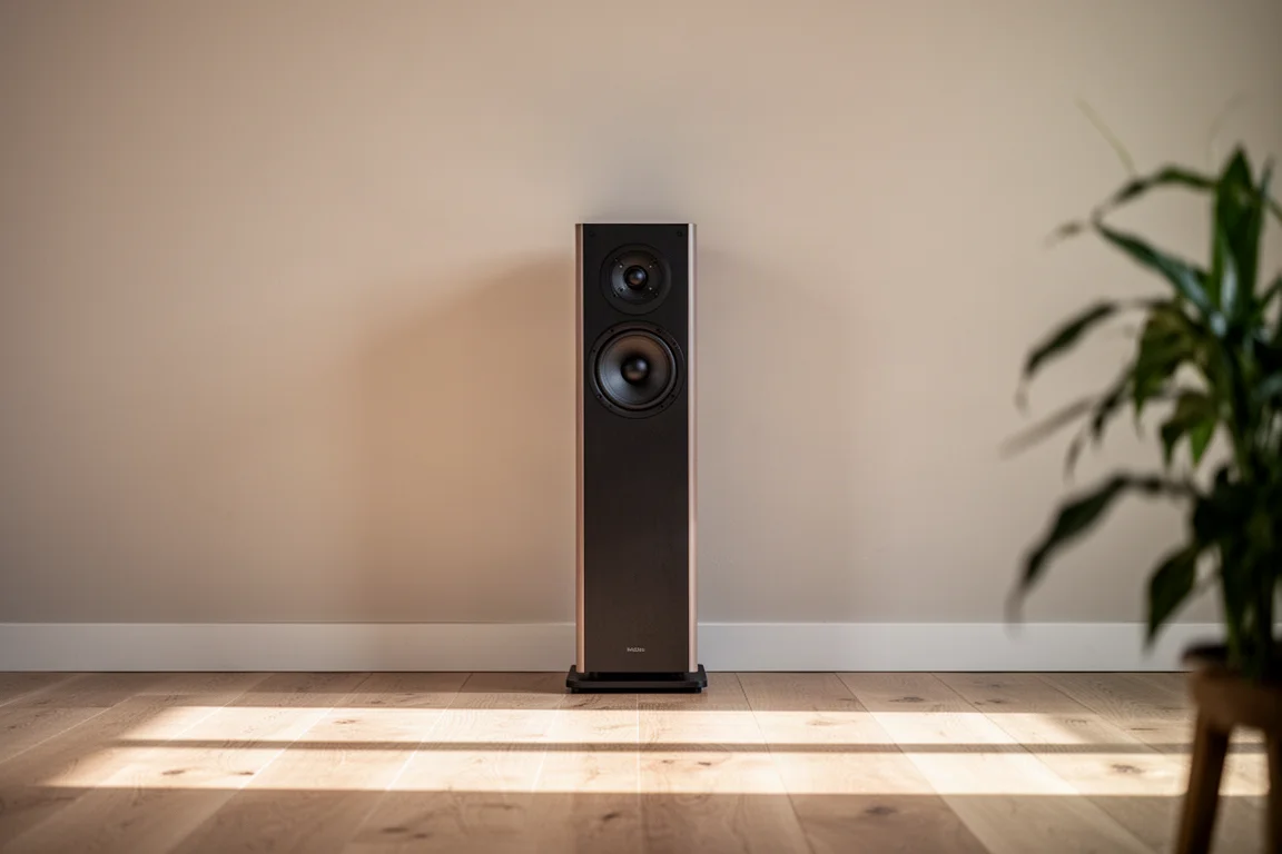 Slim floorstanding speaker standing away from a plain wall on an oak floor