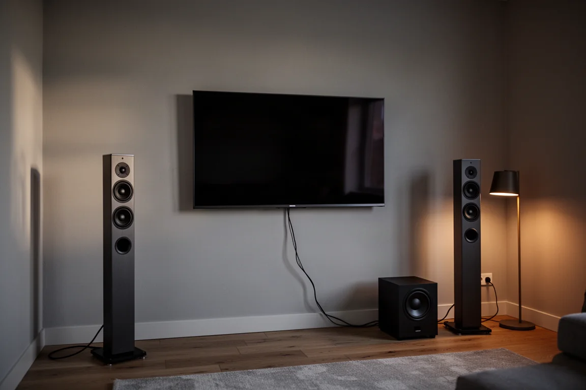 Evening home cinema corner with two tower speakers and a compact subwoofer