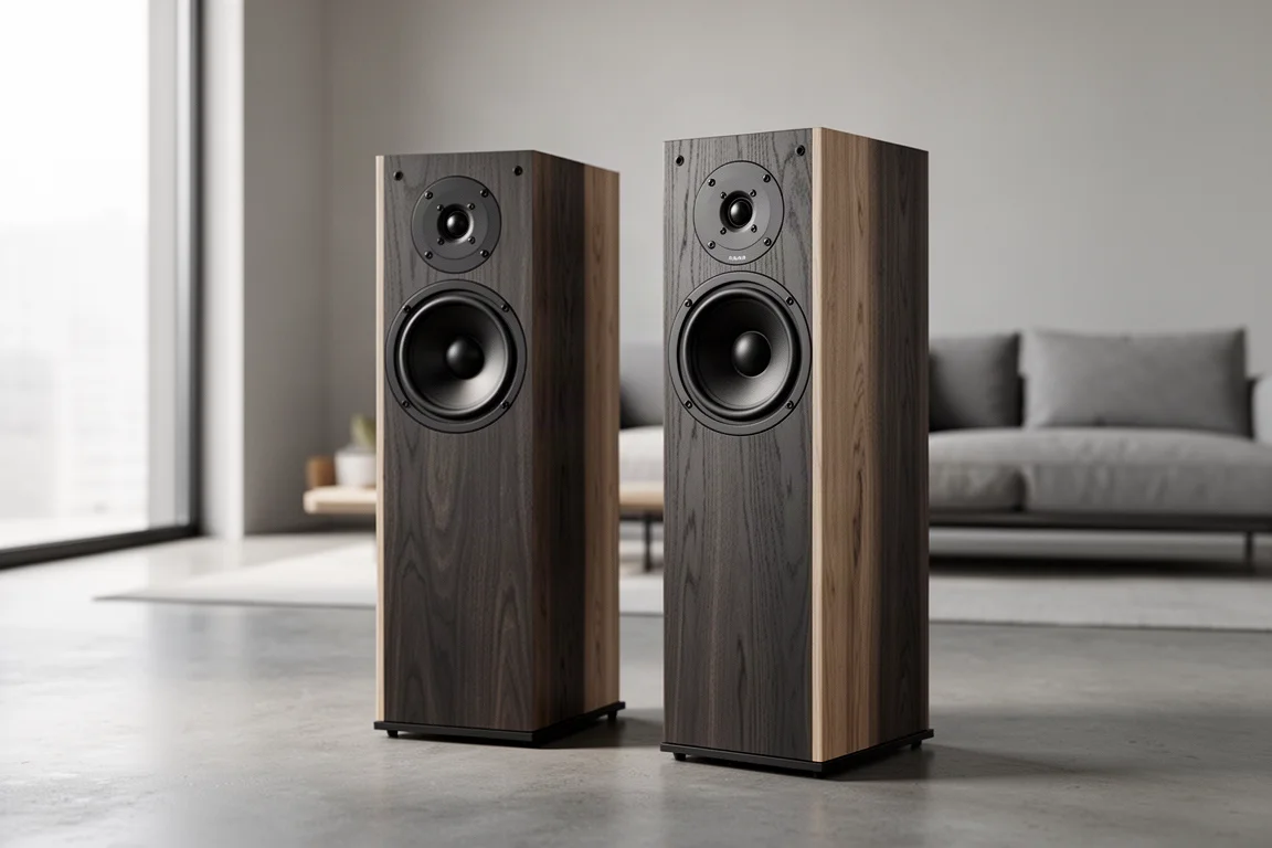 Pair of slim floorstanding tower speakers in a living room with soft daylight