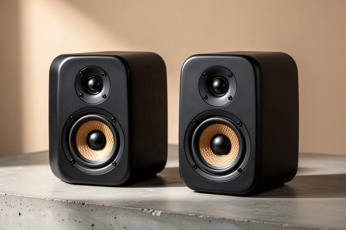 Pair of compact black three-way bookshelf speakers on a matte concrete surface