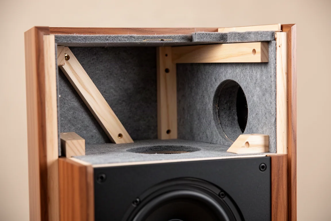 Intérieur d'une caisse d'enceinte montrant des renforts d'angle internes et un matériau amortissant