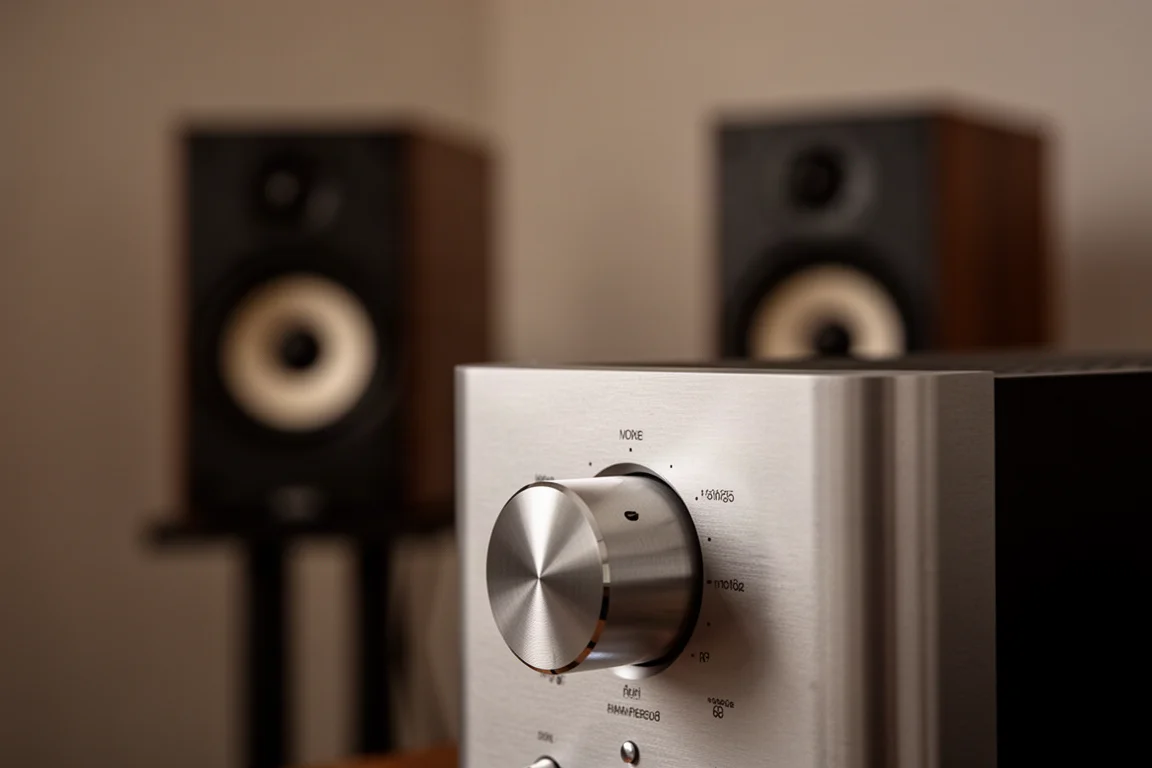 Gros plan sur le bouton de volume d'un amplificateur avec des enceintes légèrement floues en arrière-plan