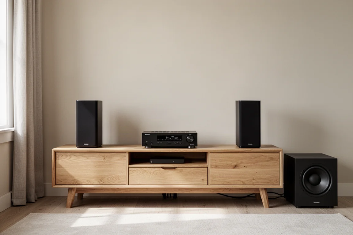 Deux enceintes bibliothèque sur un meuble TV avec un ampli-tuner et un caisson de basses