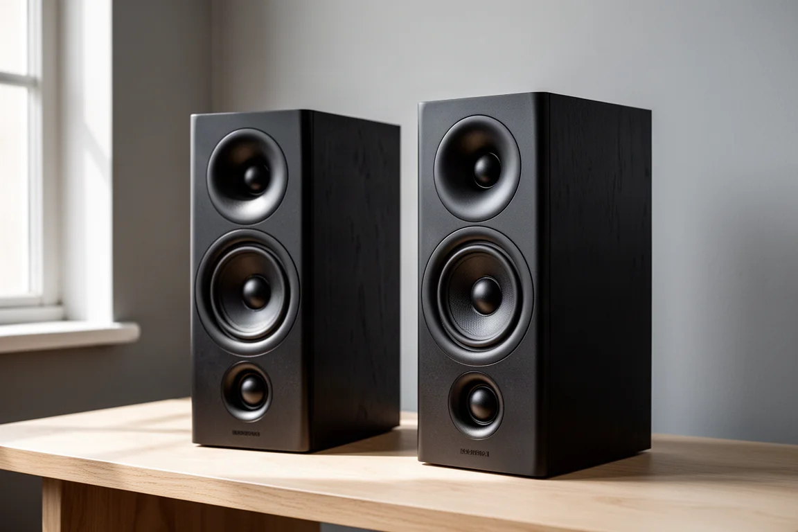 Pair of slim matte black bookshelf speakers with rounded waveguides on a pale oak surface