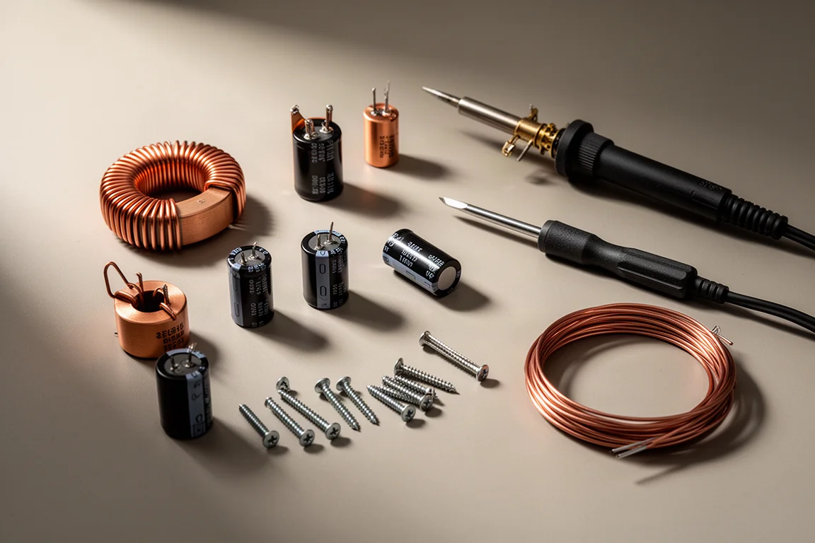 Werkbank flat-lay met crossover-onderdelen, een soldeerbout en een schroevendraaier