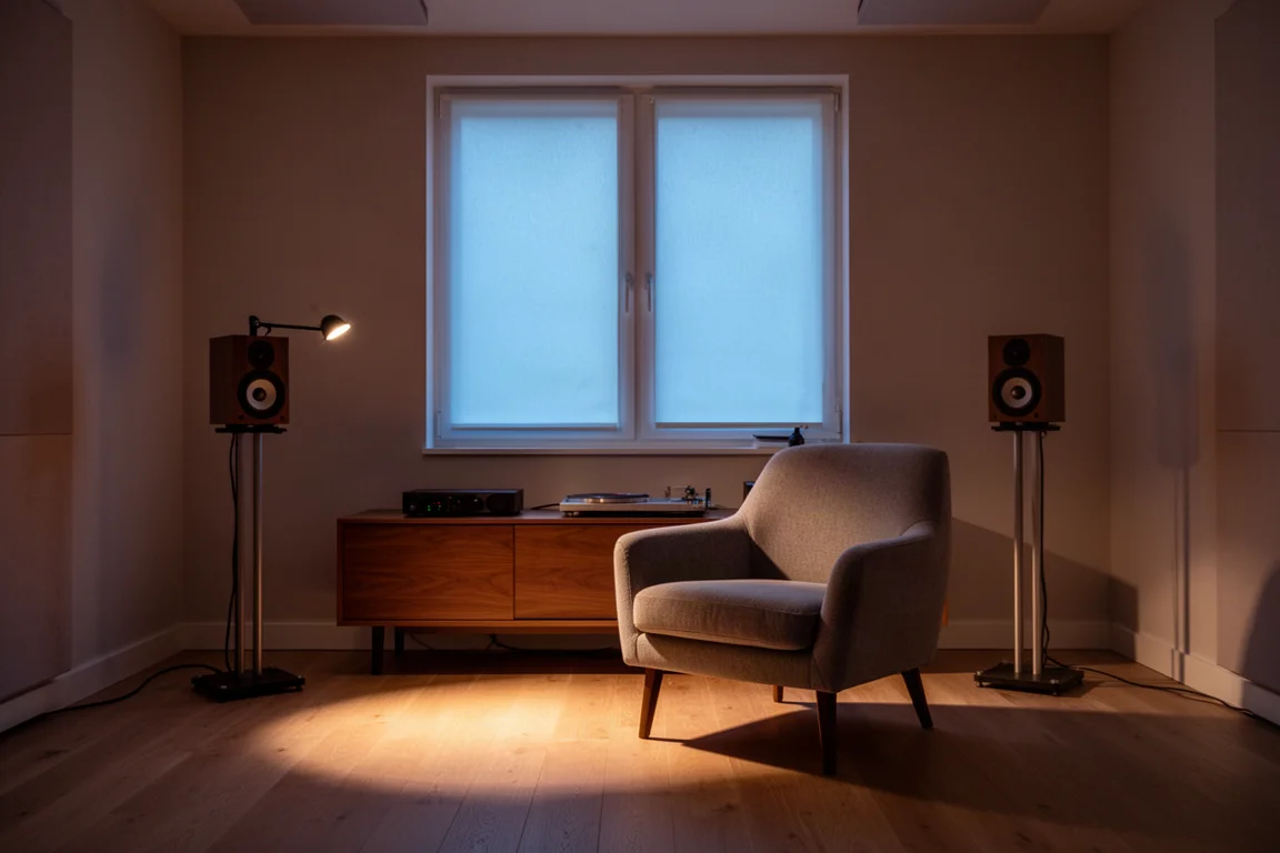 Stille luisterruimte in de schemering met kleine luidsprekers op slanke stands