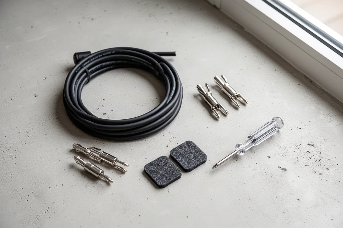 Flat-lay van luidsprekerkabel, banaanstekers en viltpads op licht beton
