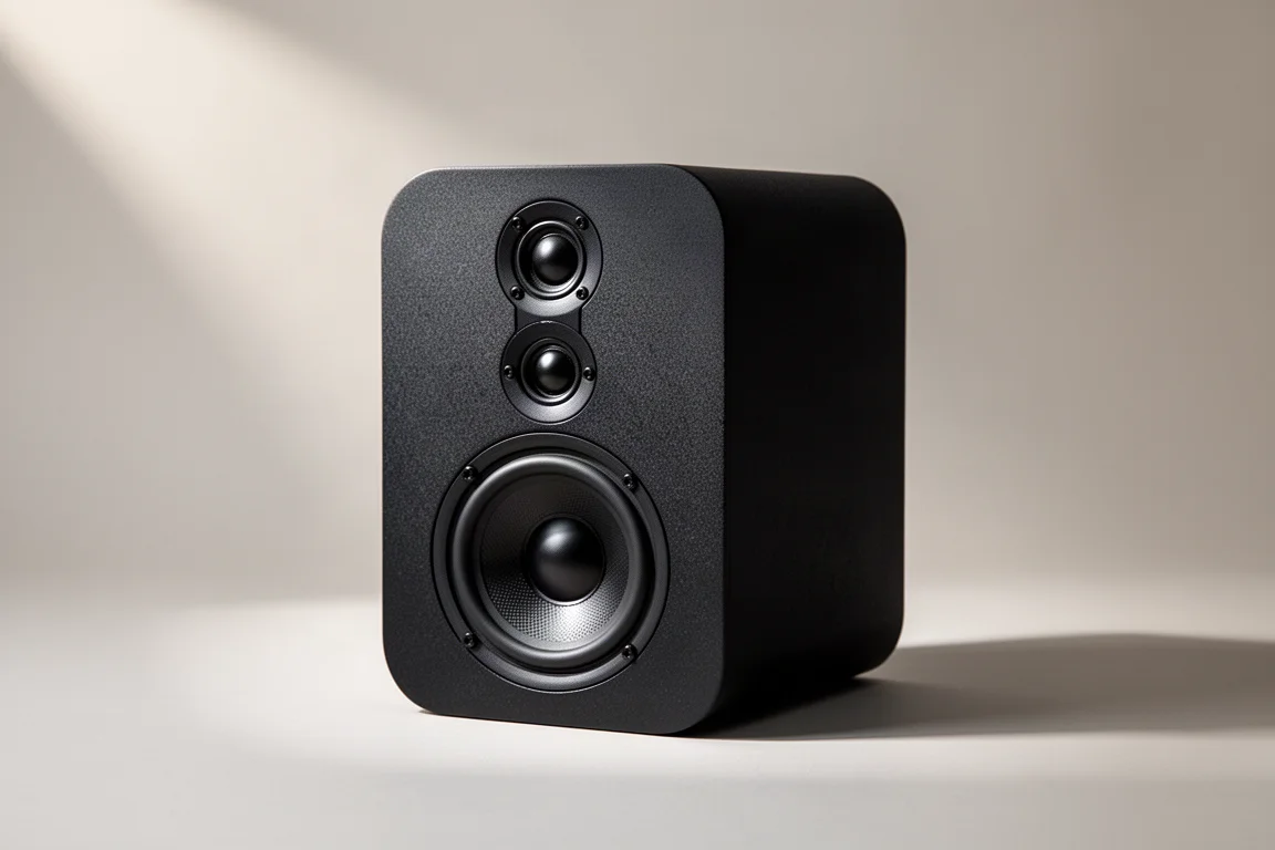 Compact black bookshelf speaker with rounded edges on a neutral grey backdrop