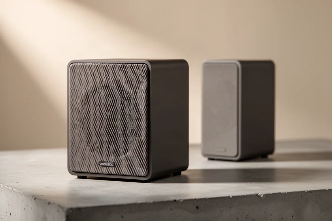 Compact bookshelf speaker with a dark matte cabinet and mesh grille on a concrete surface