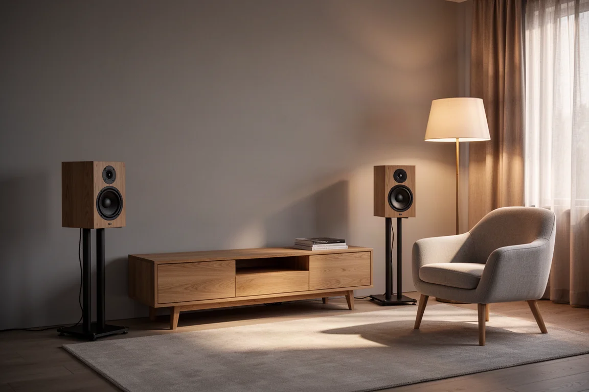 Wohnzimmer mit zwei Regallautsprechern auf Ständern, die ein niedriges Sideboard flankieren
