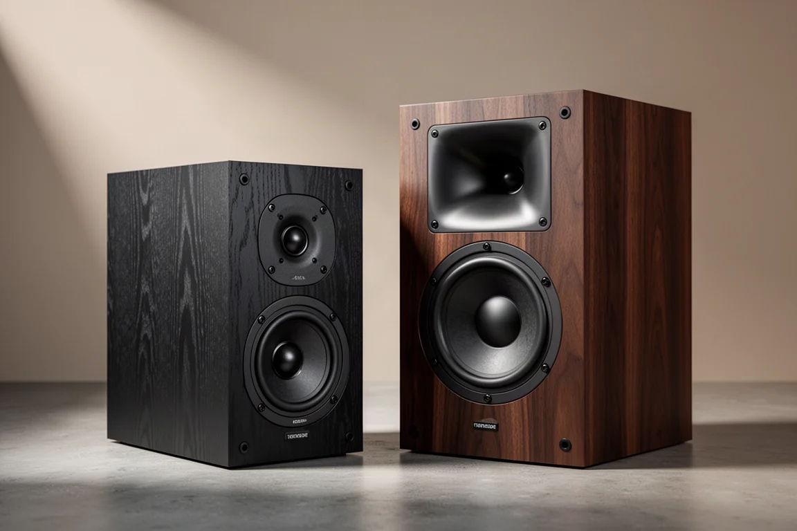 Two bookshelf speakers side by side on a concrete surface in soft studio light