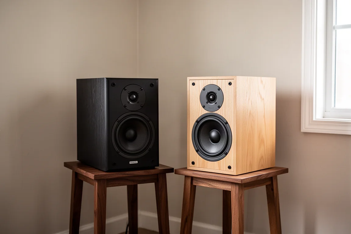 Two pairs of bookshelf speakers on stands in a softly lit listening room