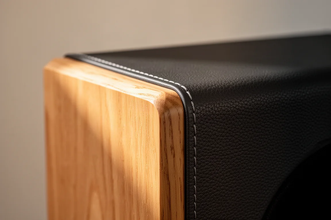 Close-up of a hardwood speaker baffle meeting a dark leatherette cabinet wrap