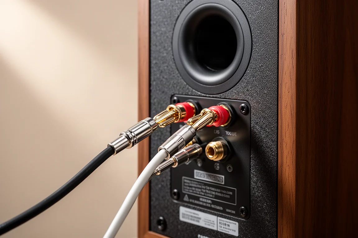 Speaker cable with banana plugs connected to binding posts on a rear panel