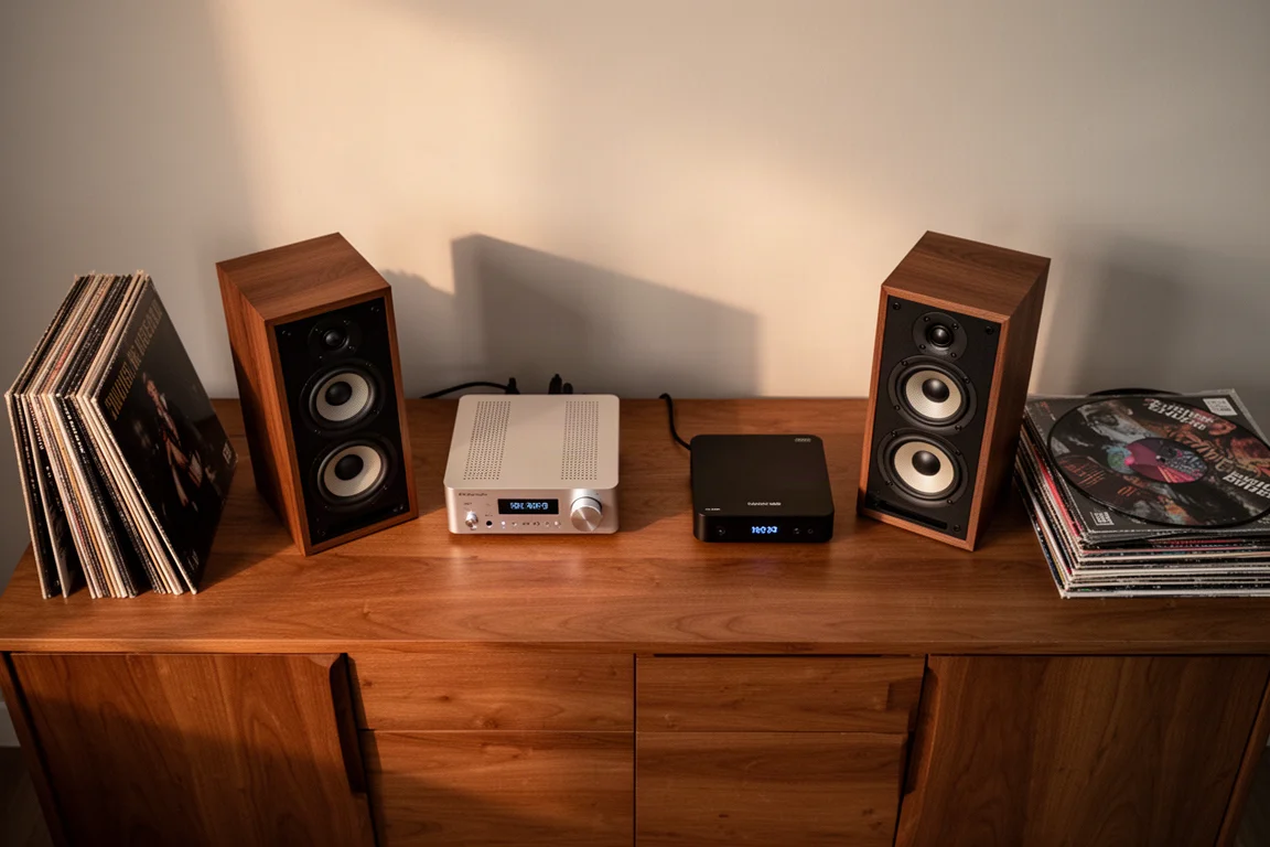 Overhead flat-lay of a compact hi-fi setup with amplifier, streamer, and speakers