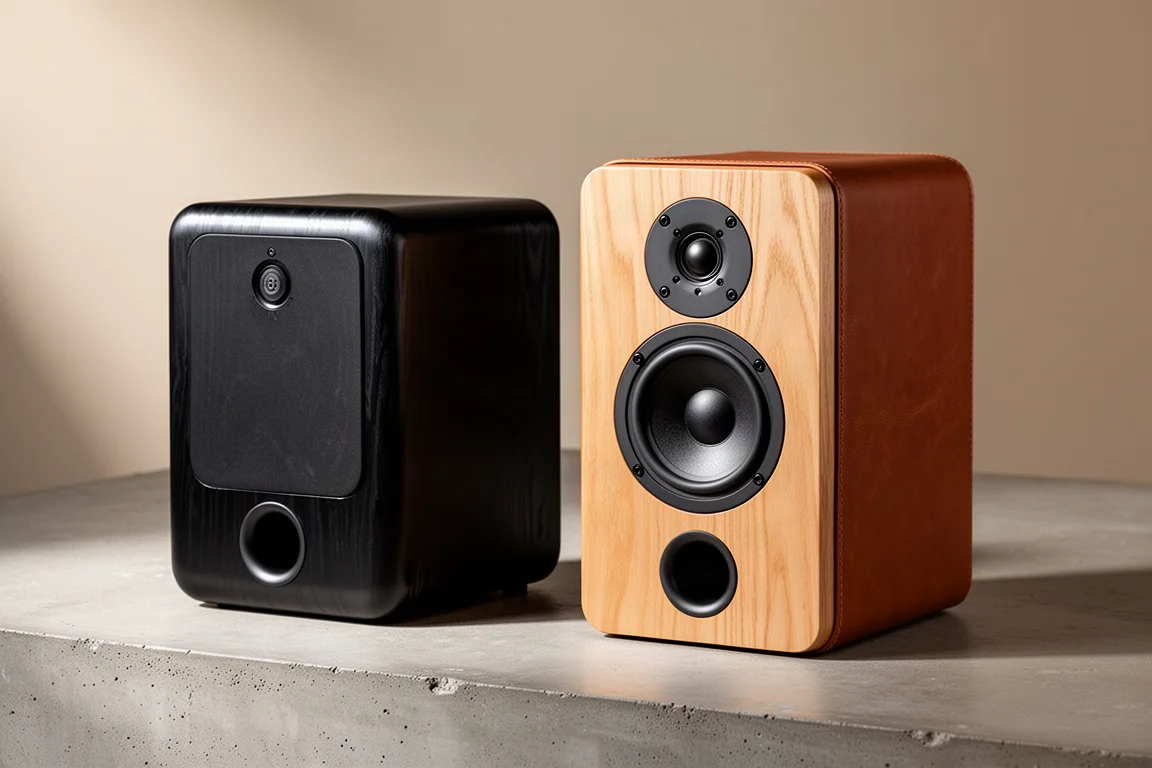 Sony SSCS5 and Sonus Faber Lumina II Amator bookshelf speakers side by side on a concrete surface