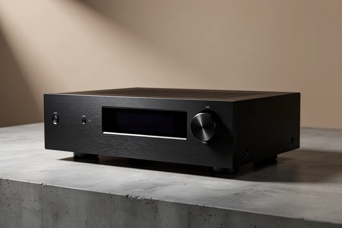 Black home theater receiver photographed at a three-quarter angle on concrete