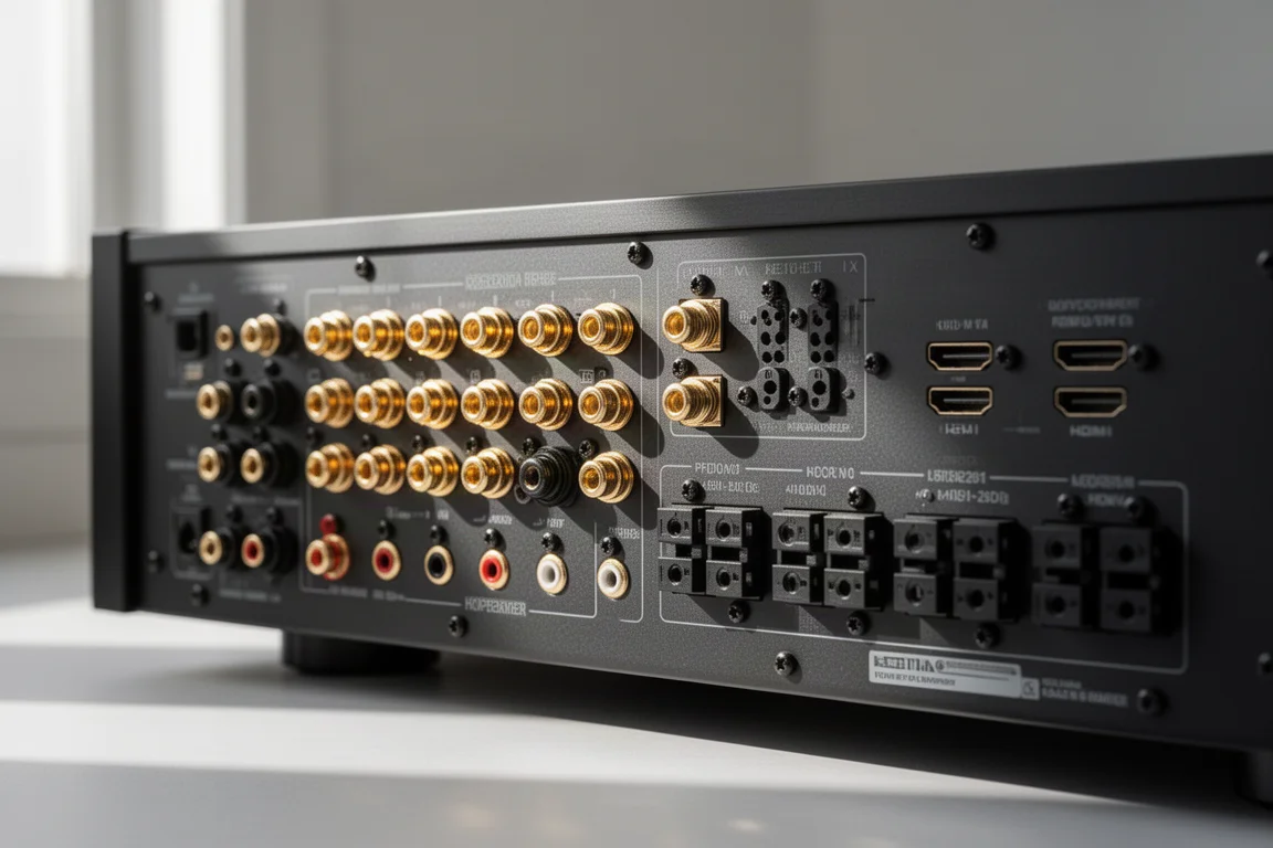 AV 環繞擴大機後方喇叭接線端子與 HDMI 連接埠的特寫