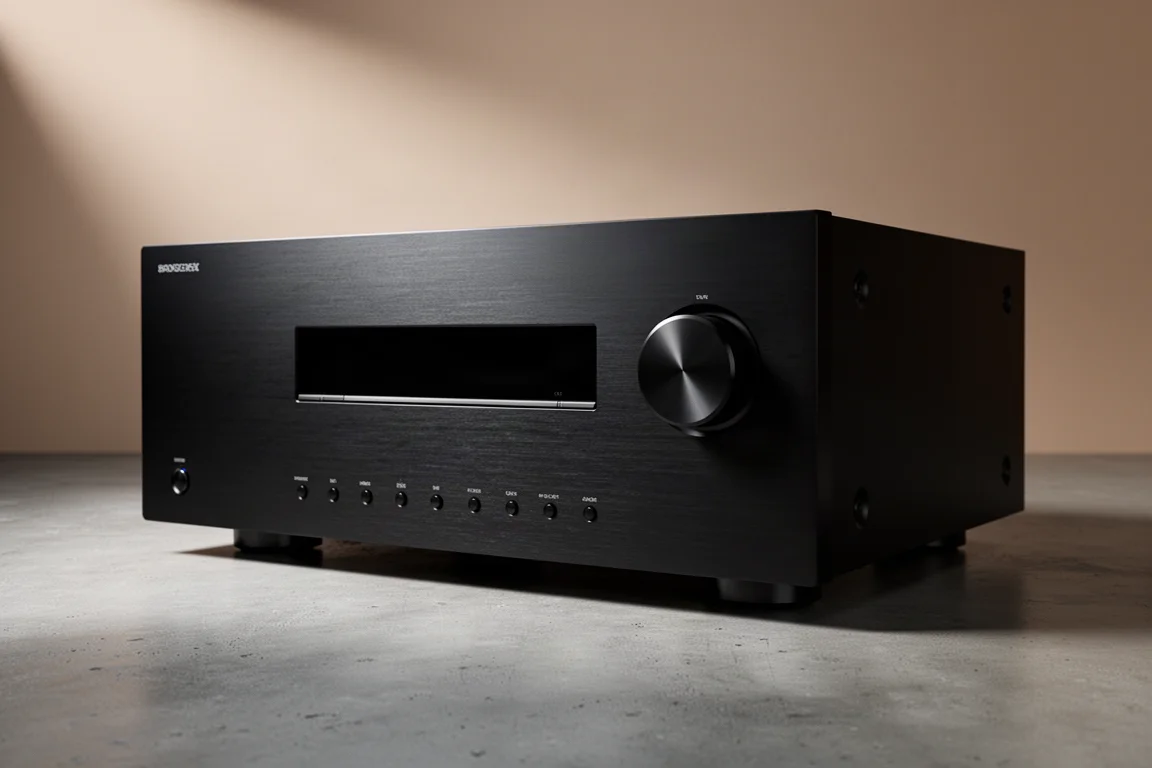 Black home theater AV receiver on a concrete surface in soft studio light