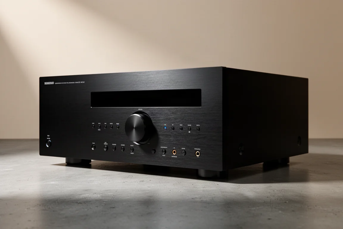 Black multichannel AV receiver at a three-quarter angle on a matte concrete surface