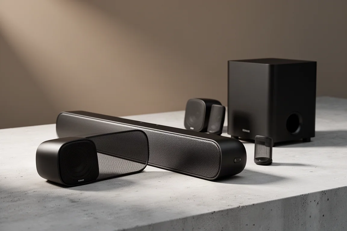 Slim matte black soundbar, two small satellite speakers and a compact subwoofer on concrete