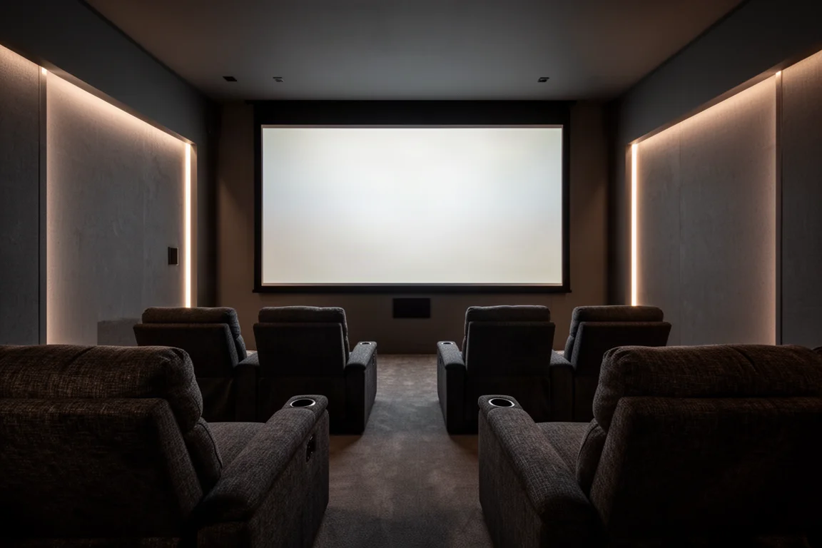 Salle de cinéma maison faiblement éclairée avec des rangées de fauteuils face à un écran de projection lumineux