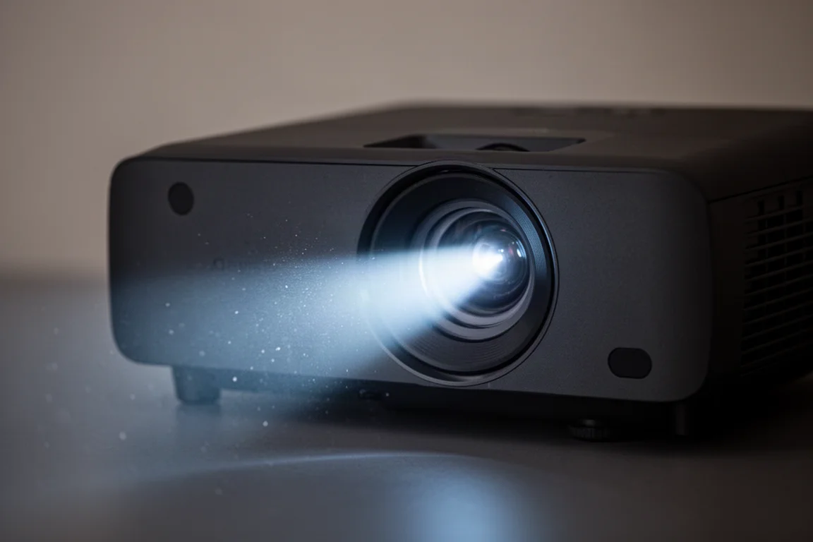 Gros plan sur l'objectif d'un projecteur émettant un faisceau bleu-blanc dans une pièce sombre