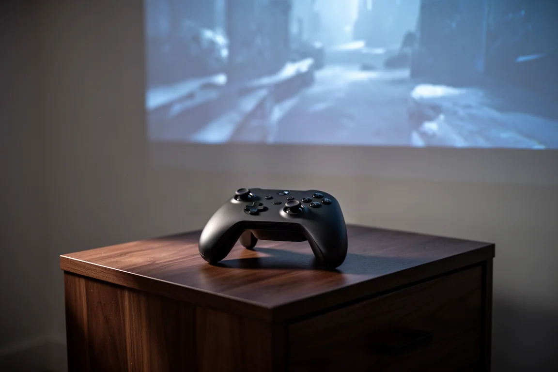 Manette de jeu sur une table sombre, lueur de l'écran projeté dans une pièce à faible éclairage