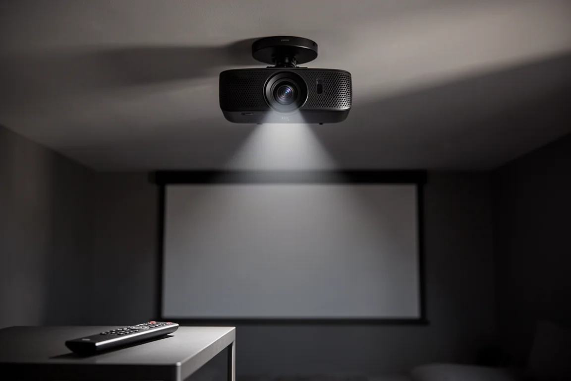Projecteur monté au plafond projetant de la lumière vers un écran dans une pièce sombre