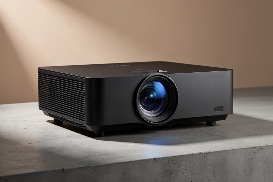 Matte black home cinema projector with a large glass lens on a concrete surface