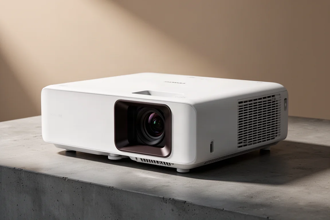 Large white home theater projector on a matte concrete surface in soft studio light