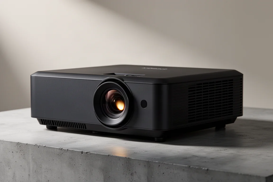Large black home theater projector with a circular front lens on a concrete surface
