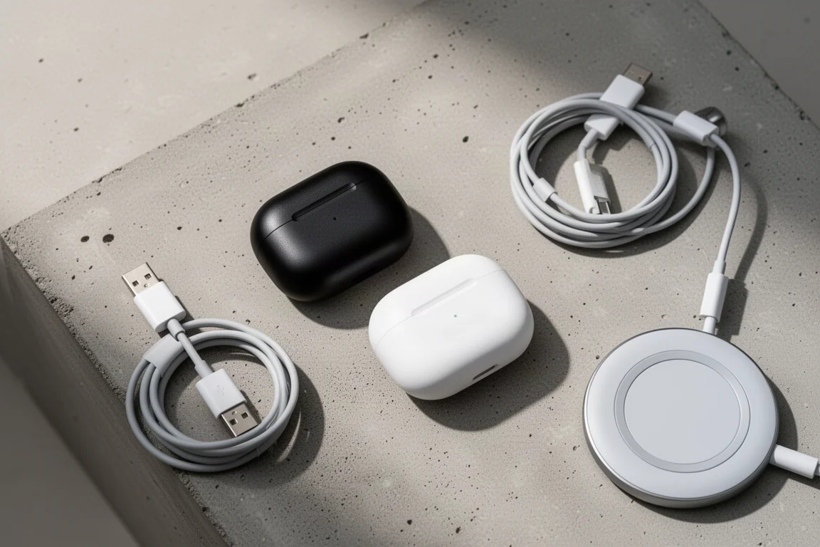 兩個耳機充電盒並排放在桌上,旁邊有一條 USB-C 線
