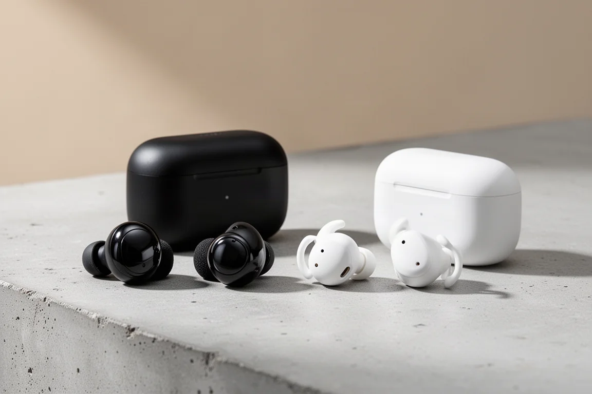 Two pairs of true wireless earbuds and their charging cases on a light grey surface
