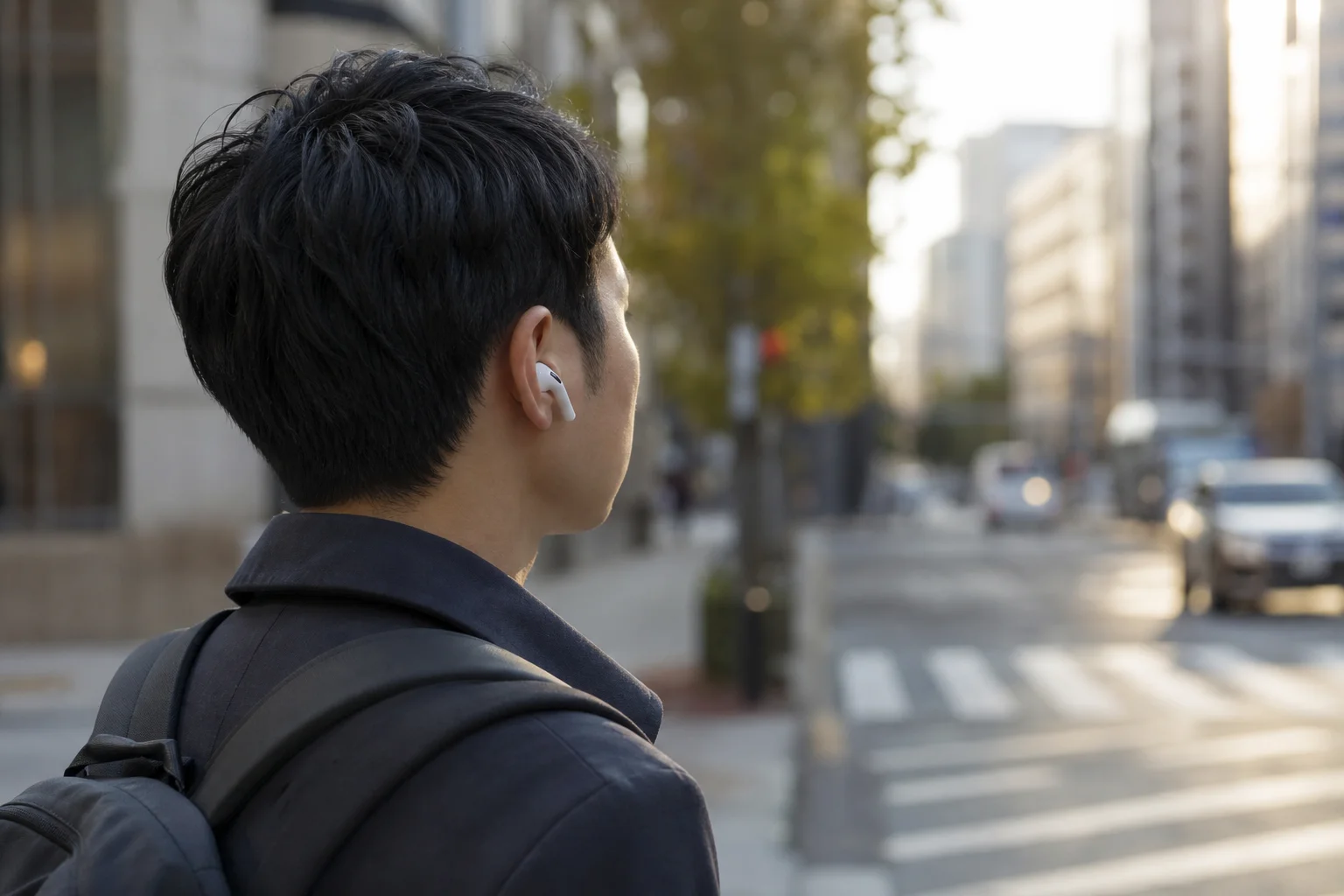 Person wearing wireless earbuds in an urban commute setting