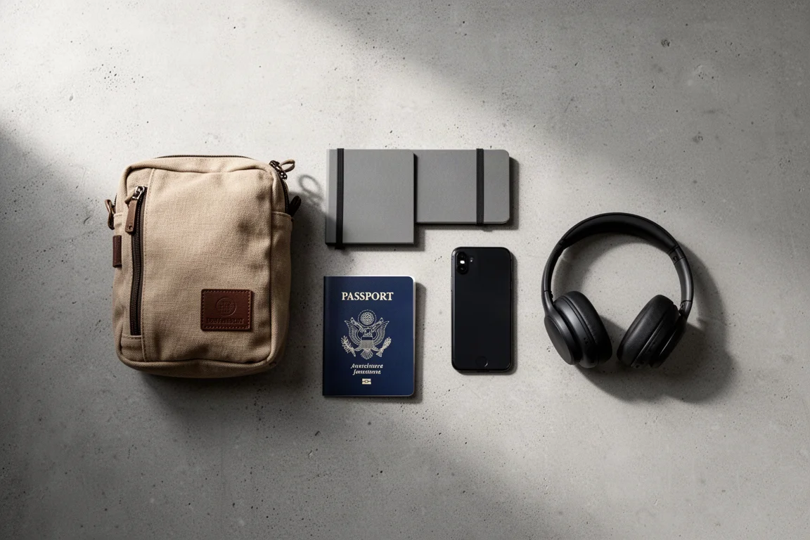 Flat-lay of travel essentials and over-ear headphones on a concrete surface