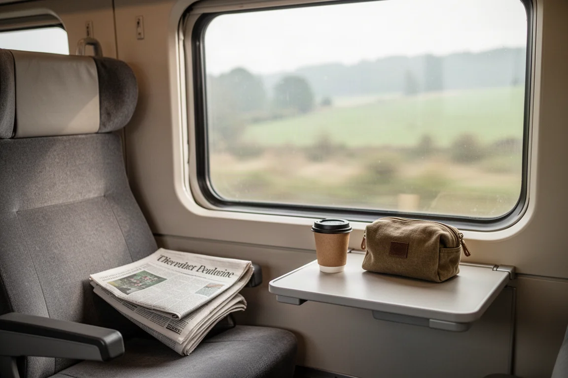 Quiet train carriage interior with a tray table, coffee cup, and window light