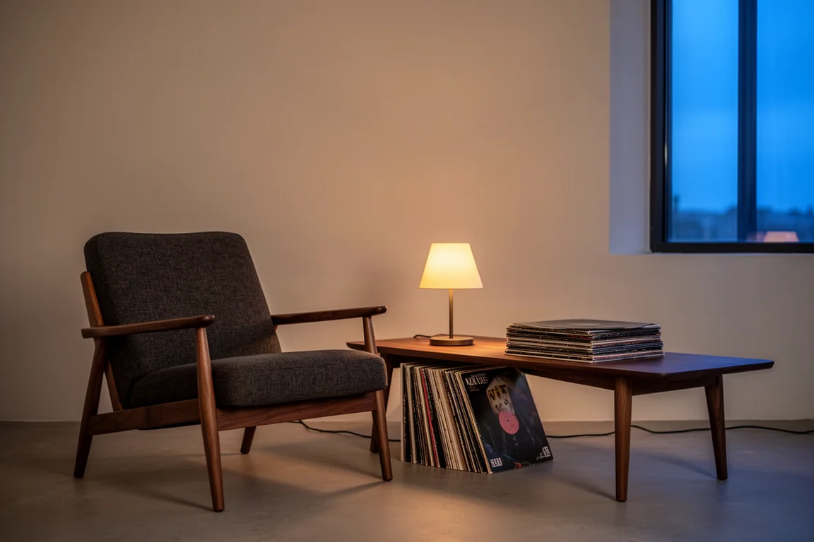 Minimalist listening corner with an armchair, records, and warm lamp light at dusk