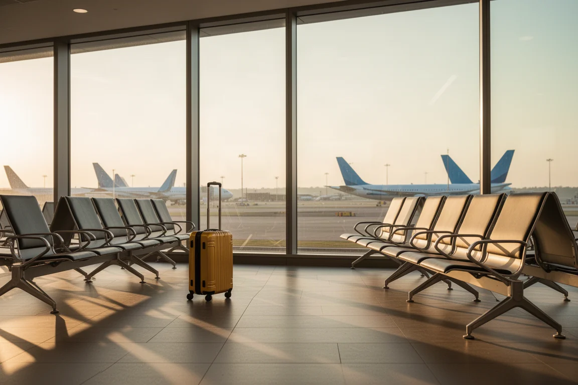 Airport departure lounge at golden hour with carry-on bag and window seats