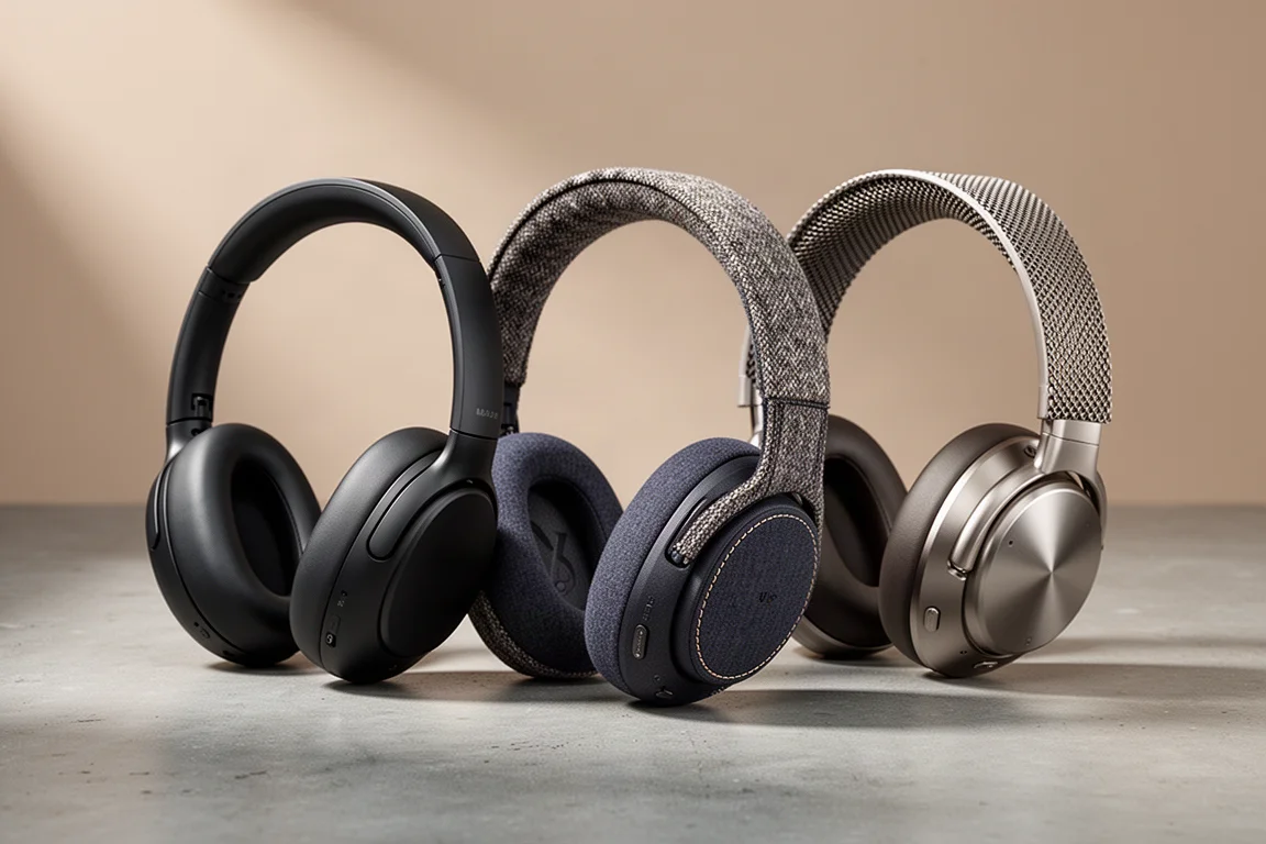 Three over-ear noise-cancelling headphones arranged in a row on a concrete surface