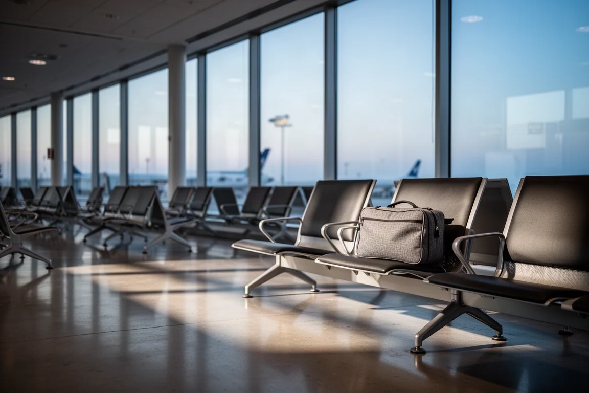 Sala partenze di un aeroporto vuota all'alba con una custodia da viaggio su un sedile