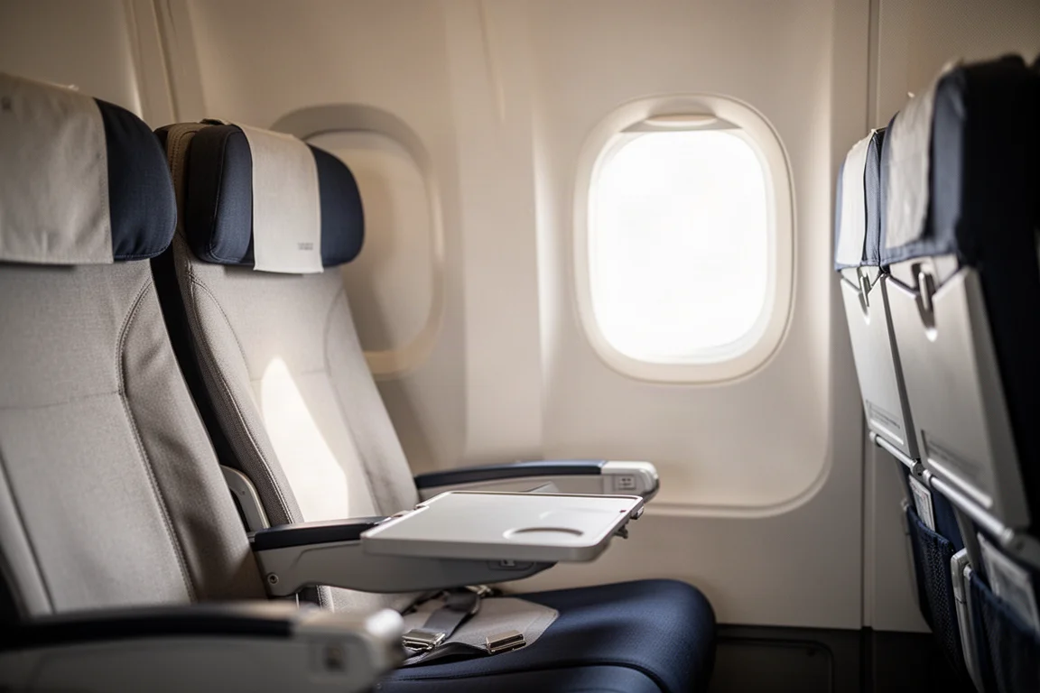 Interno di una moderna cabina aereo in luce soffusa con sedili e un oblò ovale