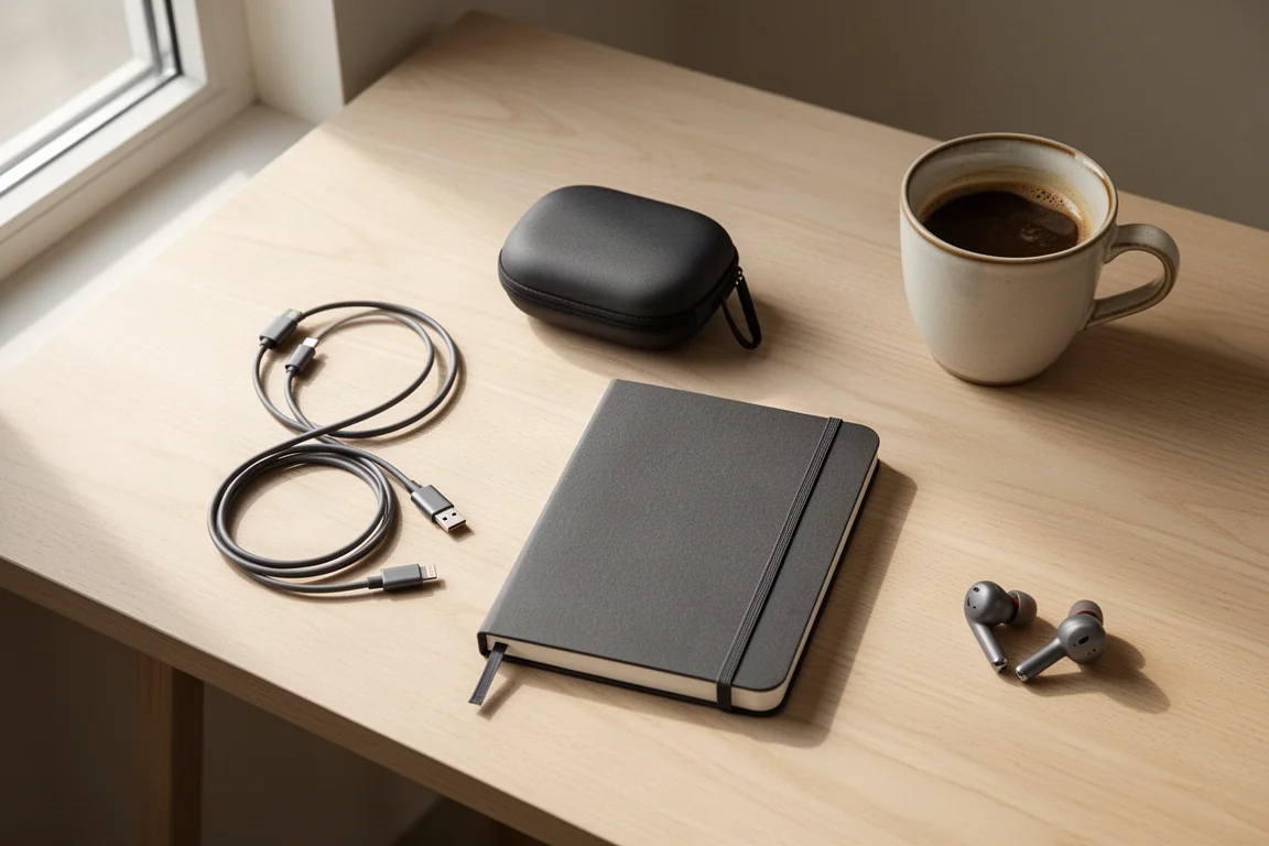 Vista dall'alto di una scrivania con cavo USB-C, custodia da viaggio, quaderno e tazza di caffè