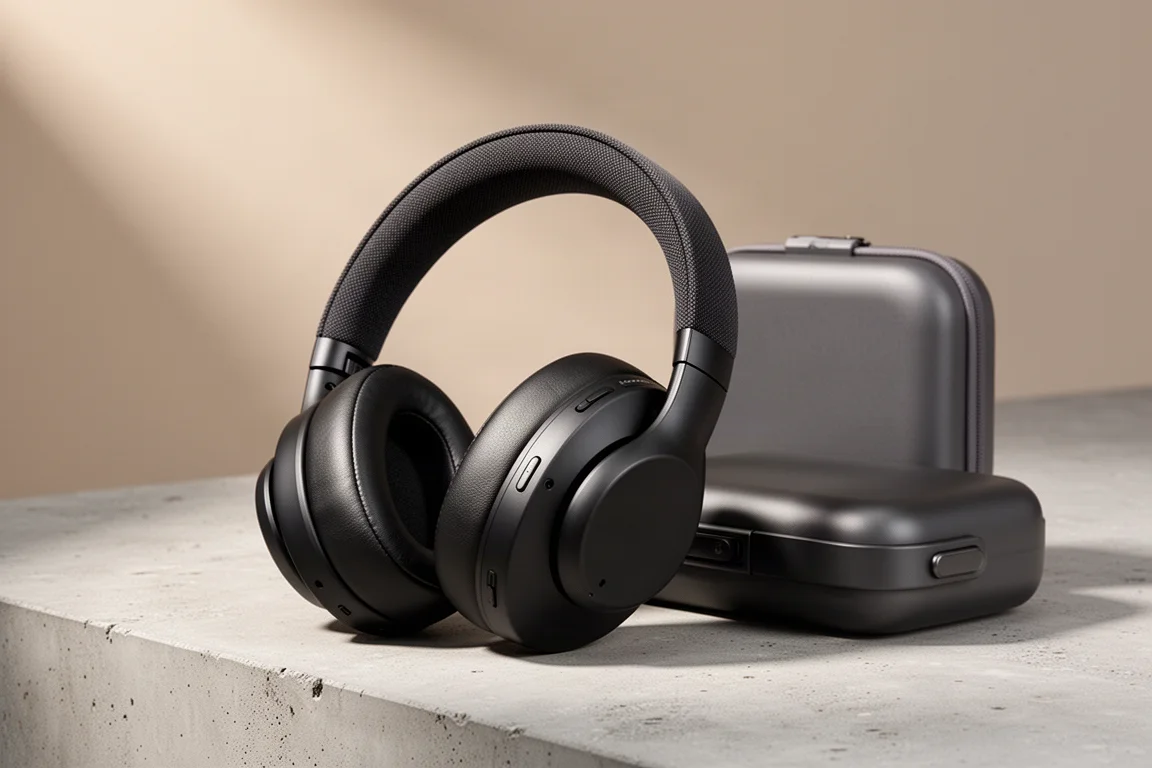 Matte black over-ear wireless headphones folded beside a compact travel case on concrete