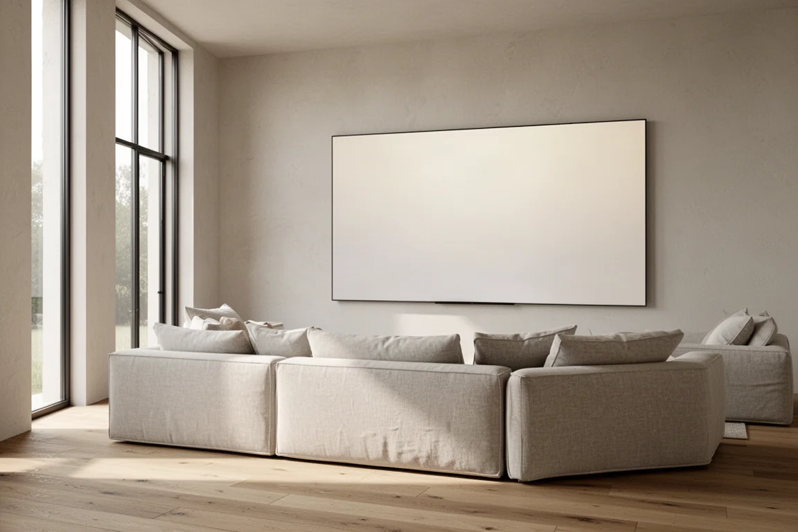 Salón luminoso con una gran pantalla plana montada en la pared y luz natural suave