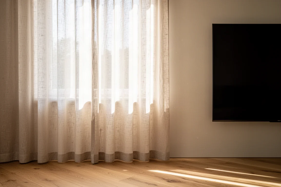 Cortinas translúcidas que difuminan la luz de la tarde junto al borde delgado de una gran pantalla