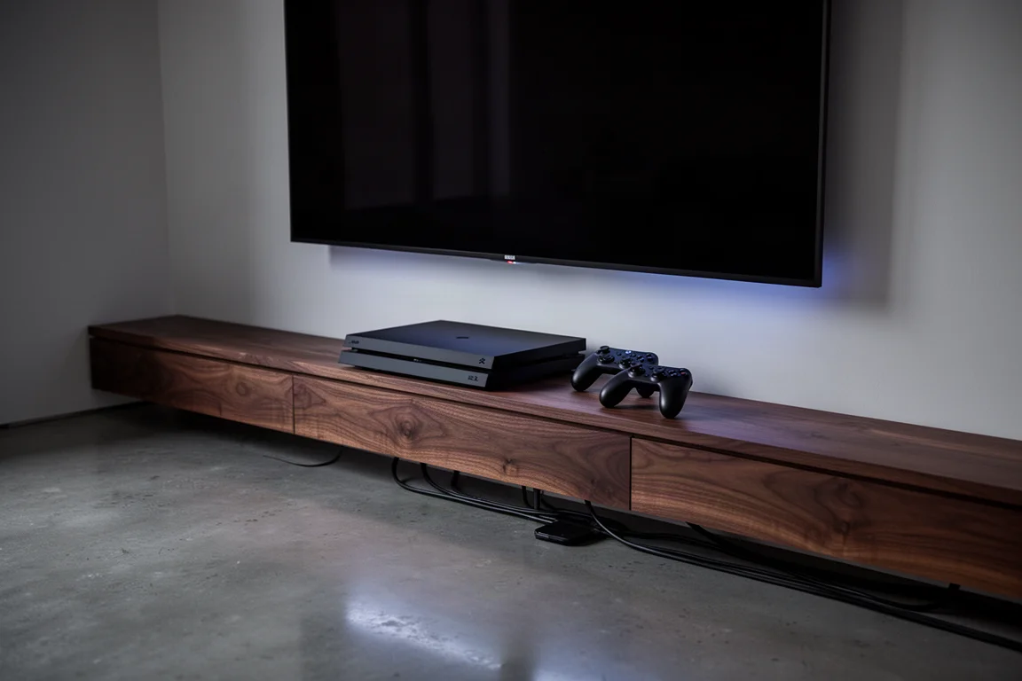 Sala multimedia en penumbra con una consola y mandos bajo una pantalla montada en la pared