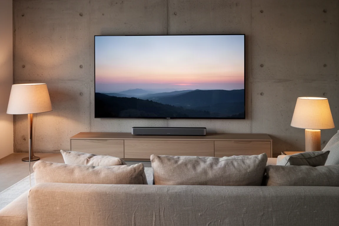 Instalación de cine en casa al atardecer con una gran pantalla y una barra de sonido delgada debajo
